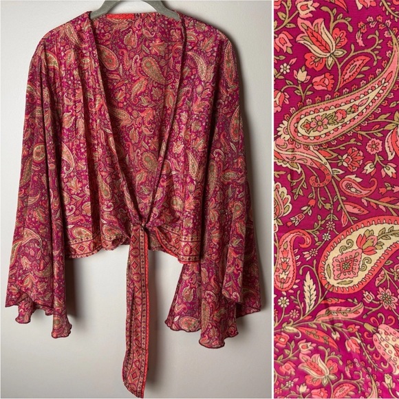 Tops - SOLD Vibrant Boho Tie Blouse Size XL Top Flutter Sleeves Paisley Floral Silk